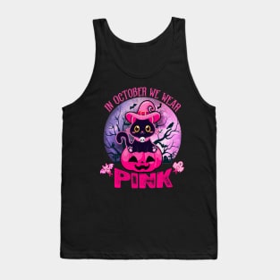 In October We Wear Pink Cute Black Cat Pumpkin Halloween Tank Top